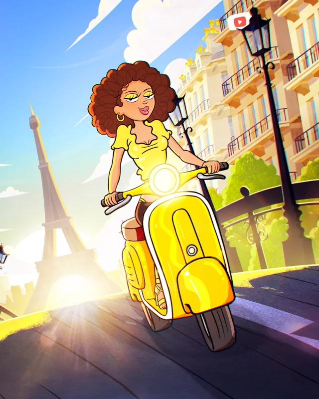Illustration de Léna sur un scooter jaune dans une rue ensoleillée de Paris