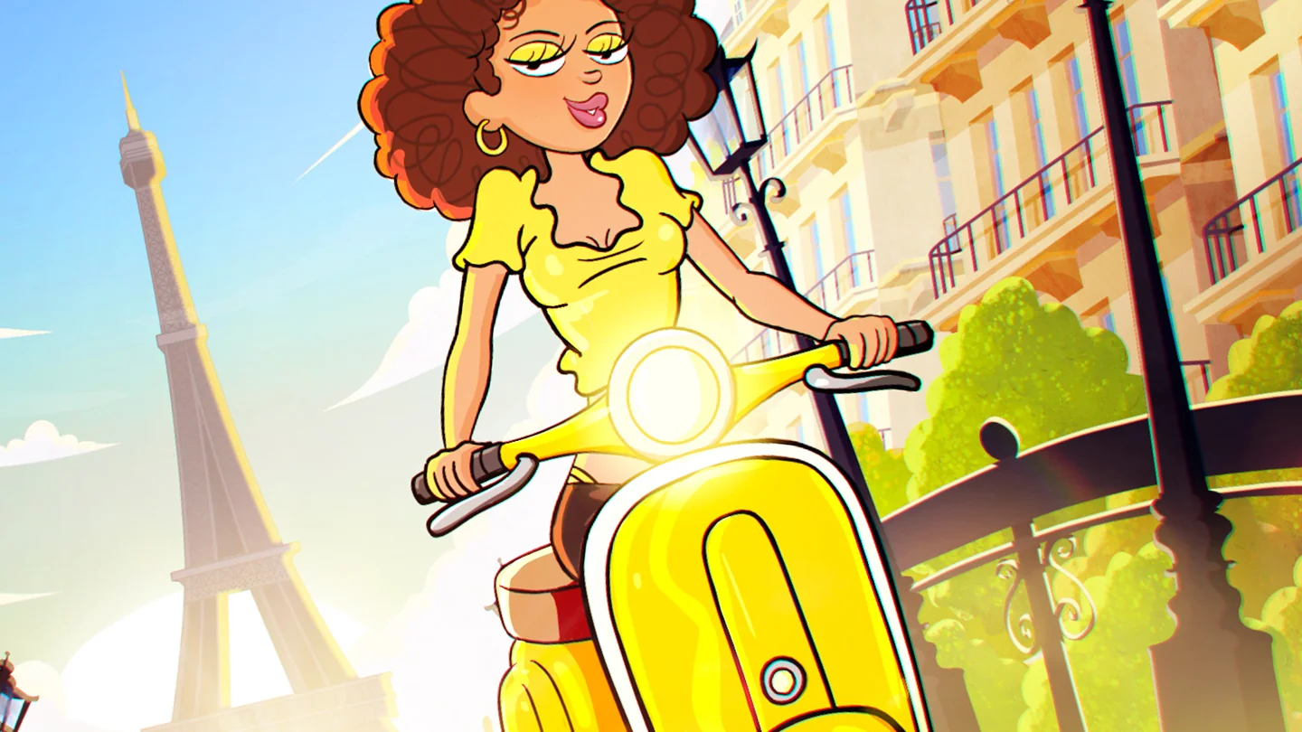 Illustration de Léna sur un scooter jaune dans une rue ensoleillée de Paris