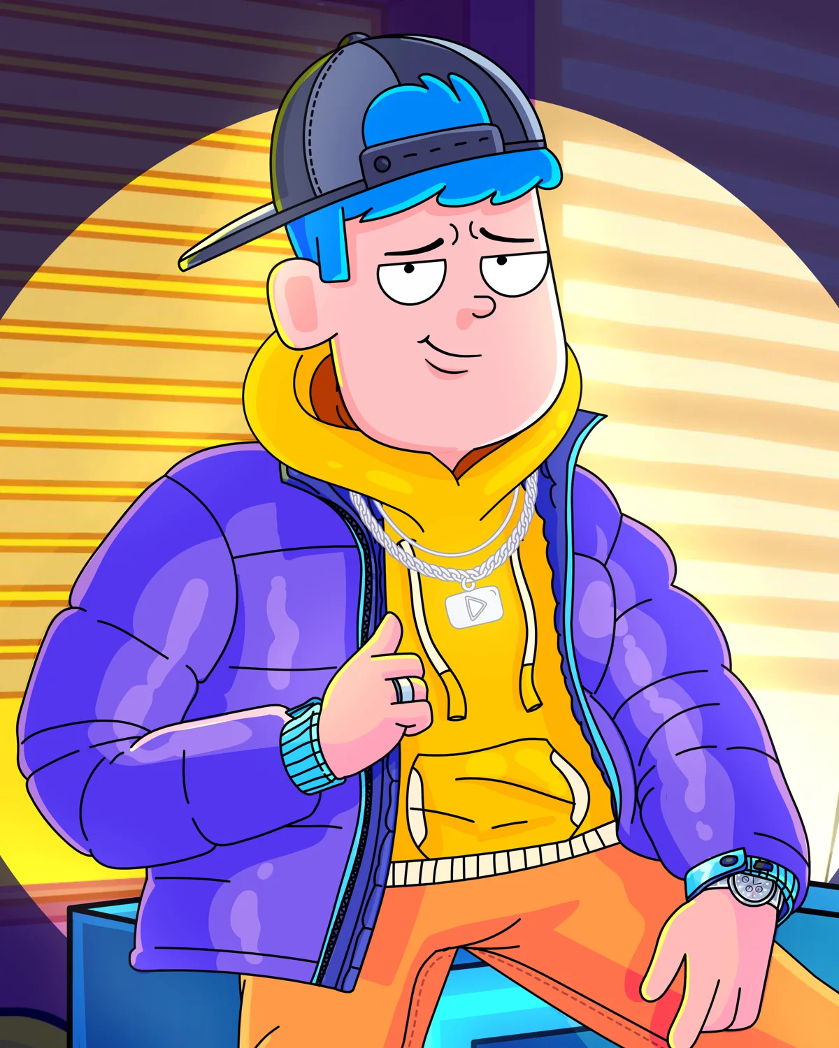 Billy, personnage cartoon en veste violette et sweat jaune