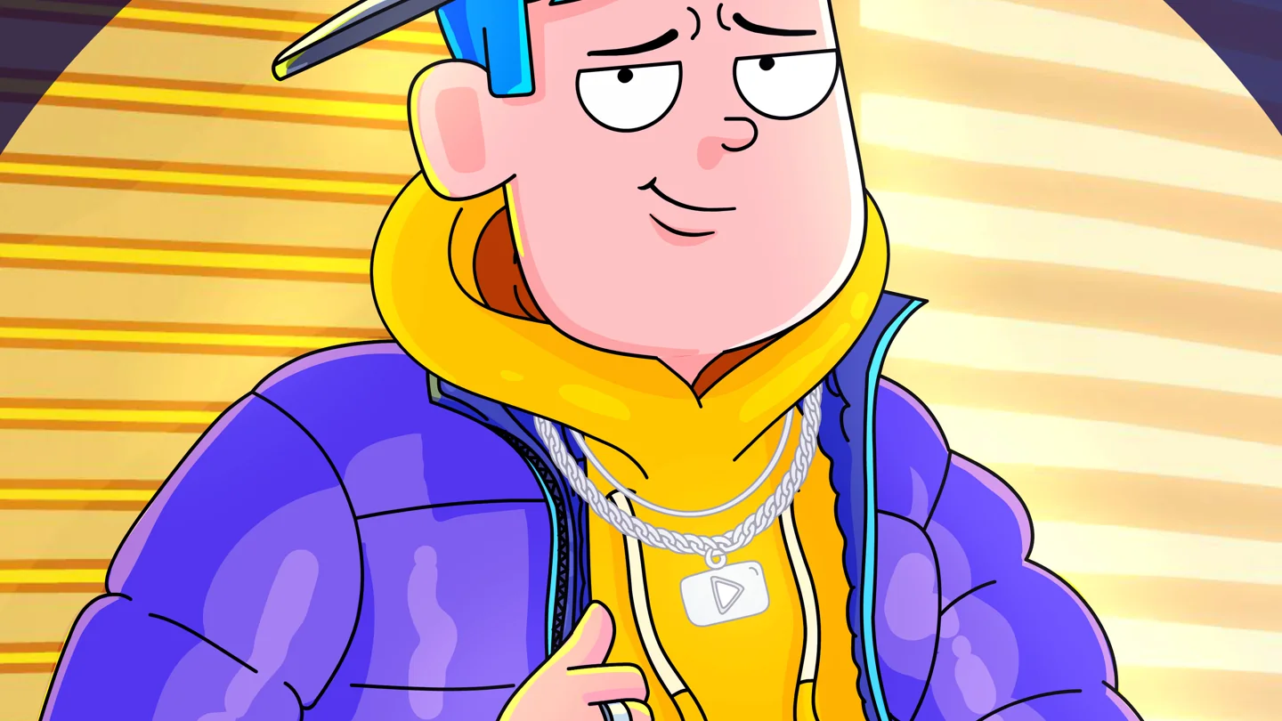 Billy, personnage cartoon en veste violette et sweat jaune